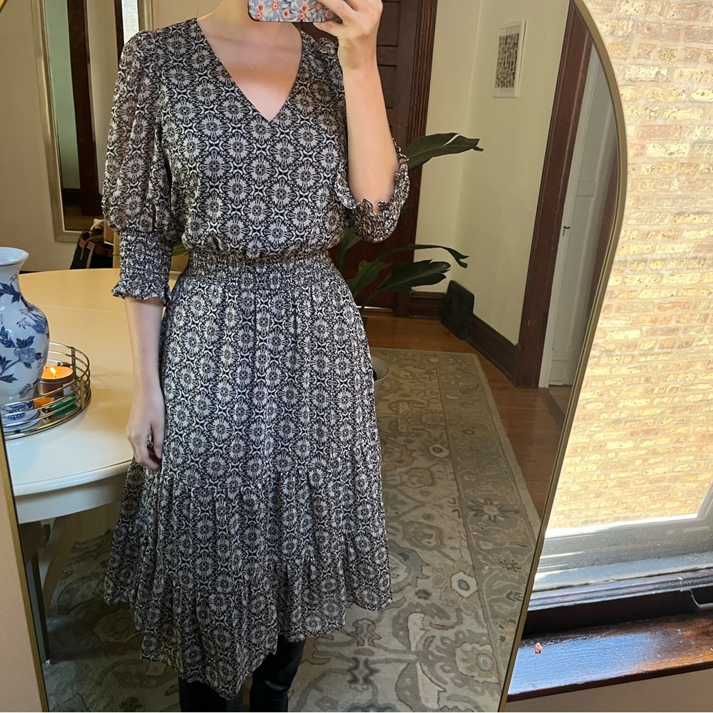 V Neck Maxi Patterned Dress with Ruffles and smocked waist